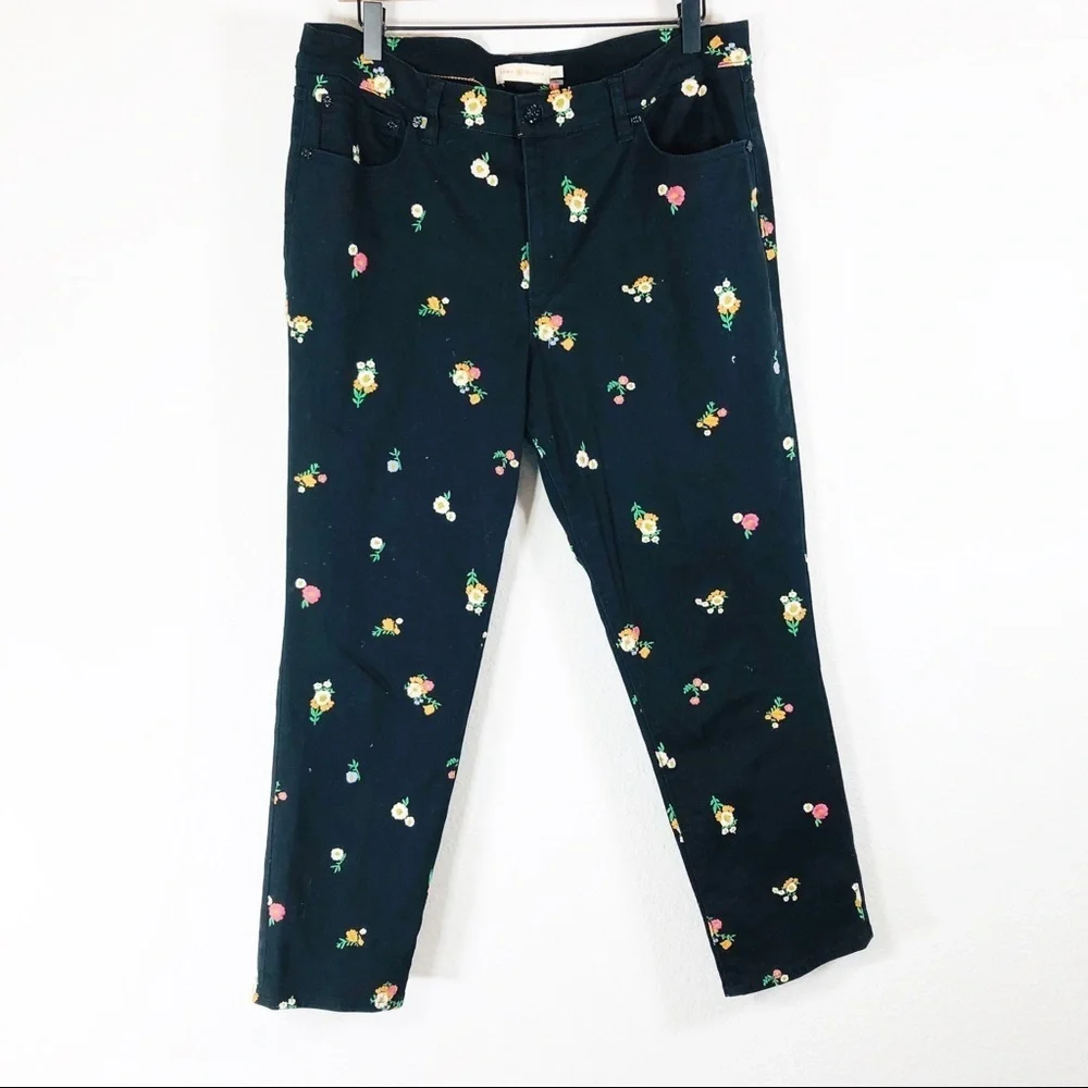 🔥 Tory Burch black Brindle Skinny Capri floral denim jeans sz32 NWOT